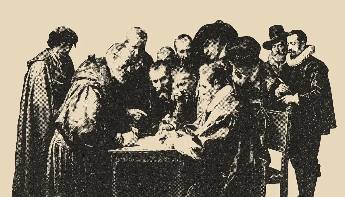 Engraving of leaders gathered around a table, signing the statement